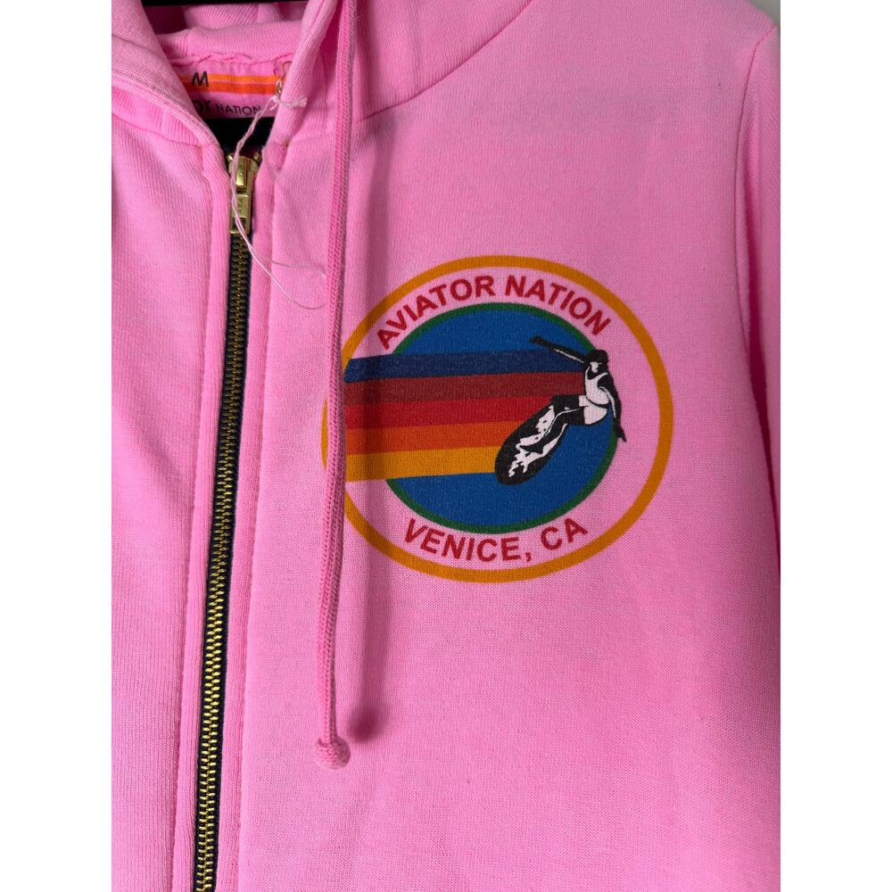 AVIATOR NATION Hoodie M Pink Pullover Venice Sweatshirt Zip Rainbow Sleeve NEW - Picture 5 of 12